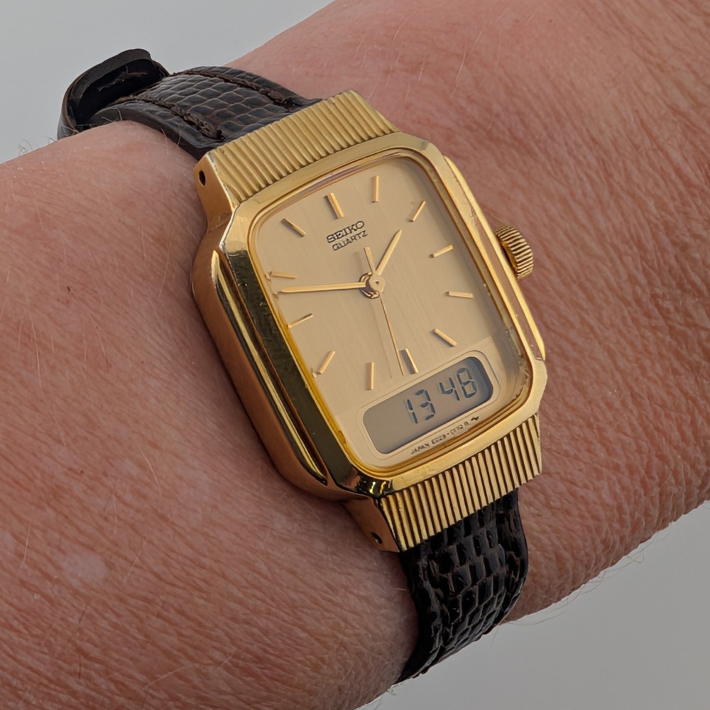 Seiko E029-5159 Ana Digi Gold Tone Rectangular Watch Champagne Dial Vintage - Picture 3 of 10